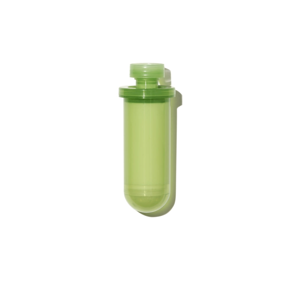 Green plastic medical sharps container on a white background.