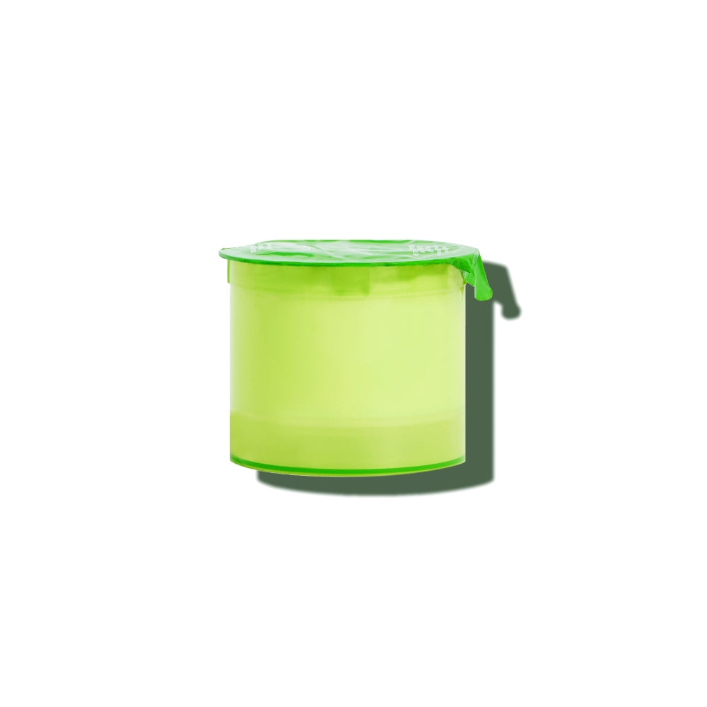 Green translucent container with a lid against a white background.
