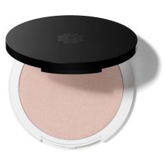 Compact powder with a black lid, white base, and light pink pressed powder inside.