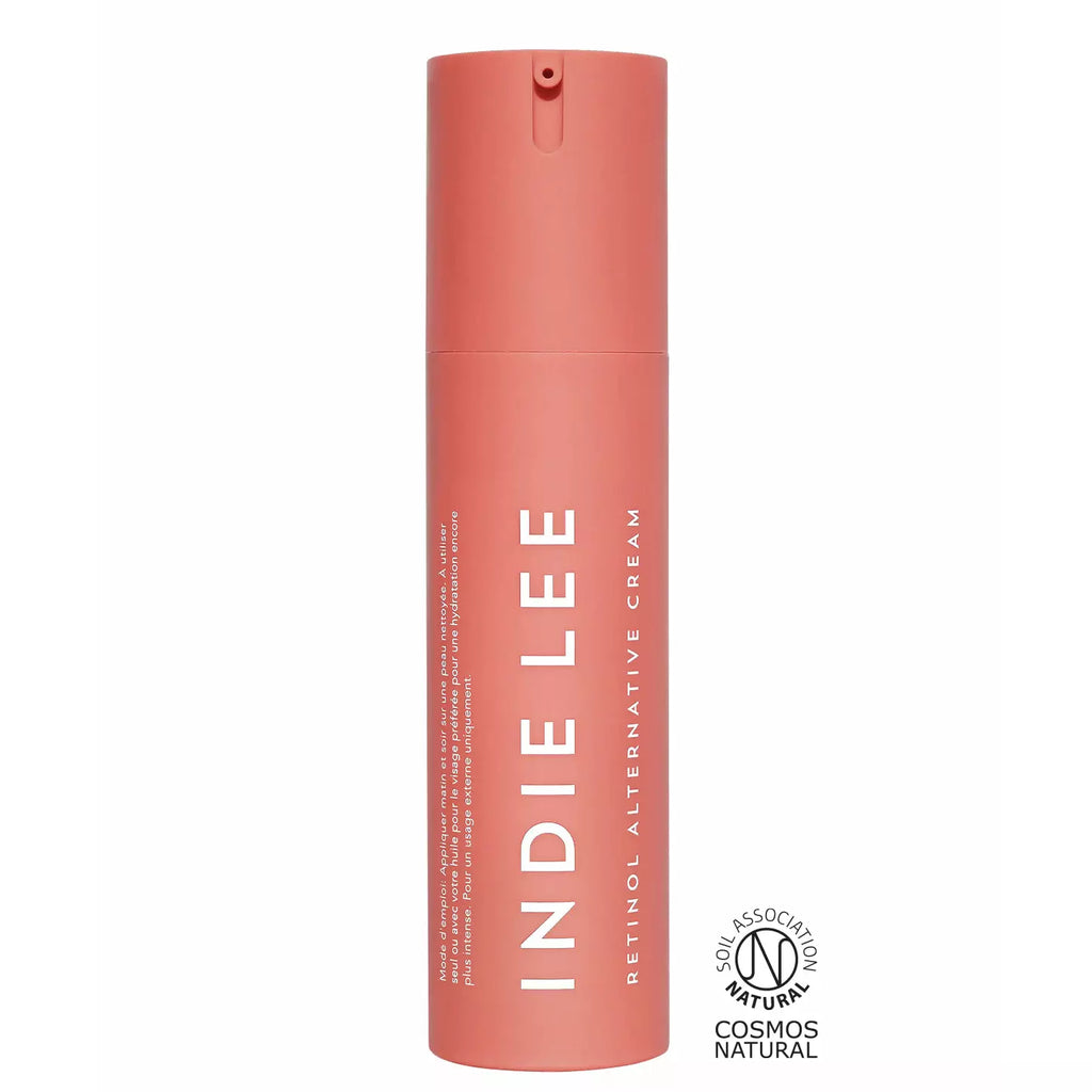 A bottle of indie lee retinol alternative cream against a white background.