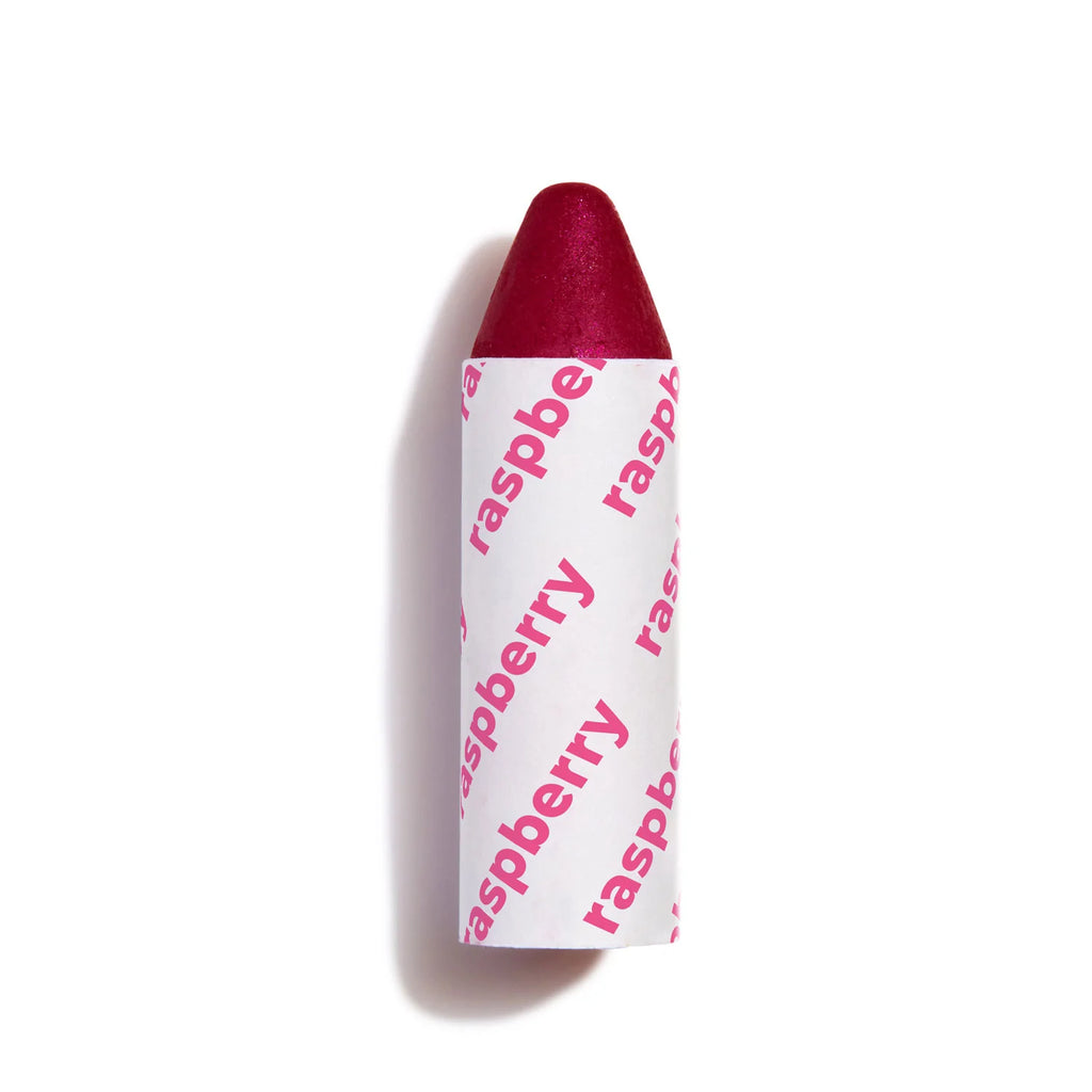 A raspberry-flavored lip balm against a white background.