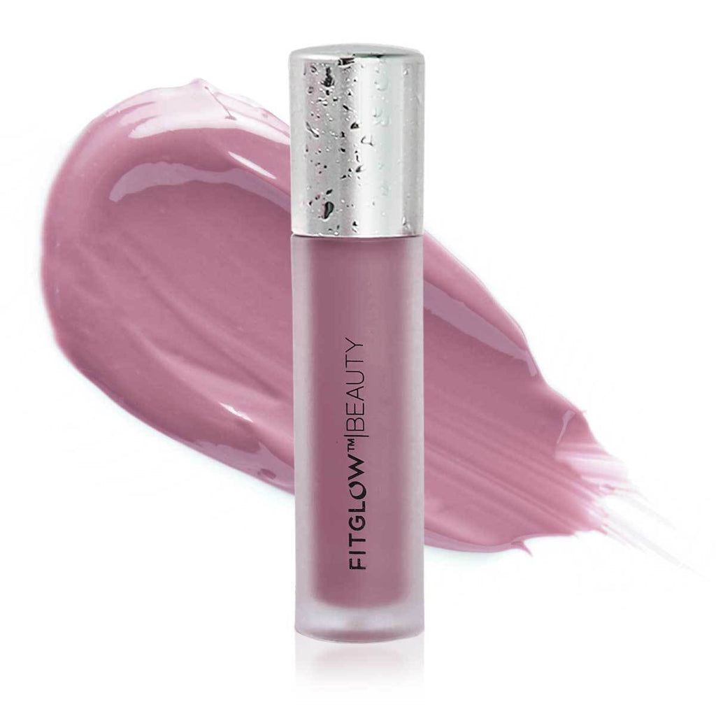 A tube of fitglow beauty lip color with a swatch of the product next to it.