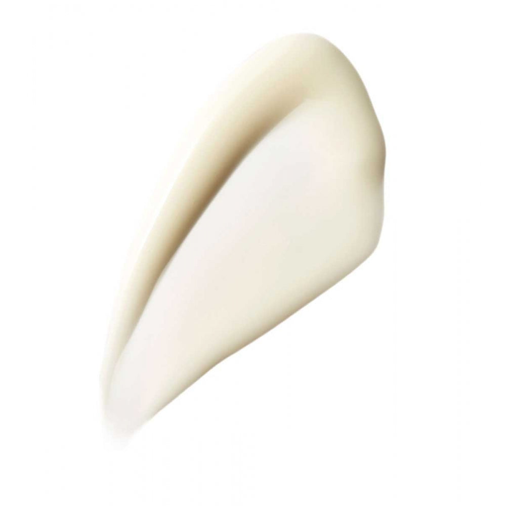 Swatch of creamy, white cosmetic product against a white background.