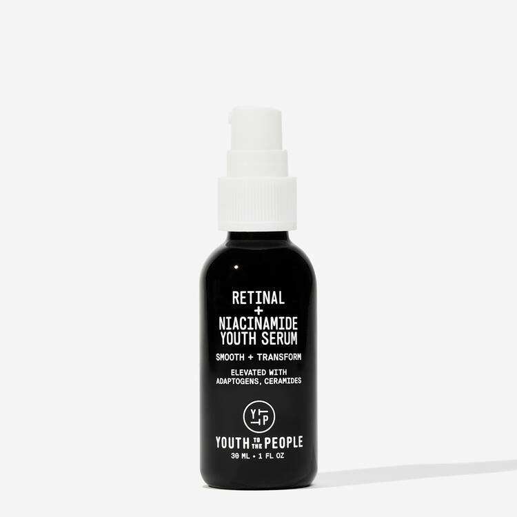 Bottle of youth to the people retinal + niacinamide youth serum against a white background.