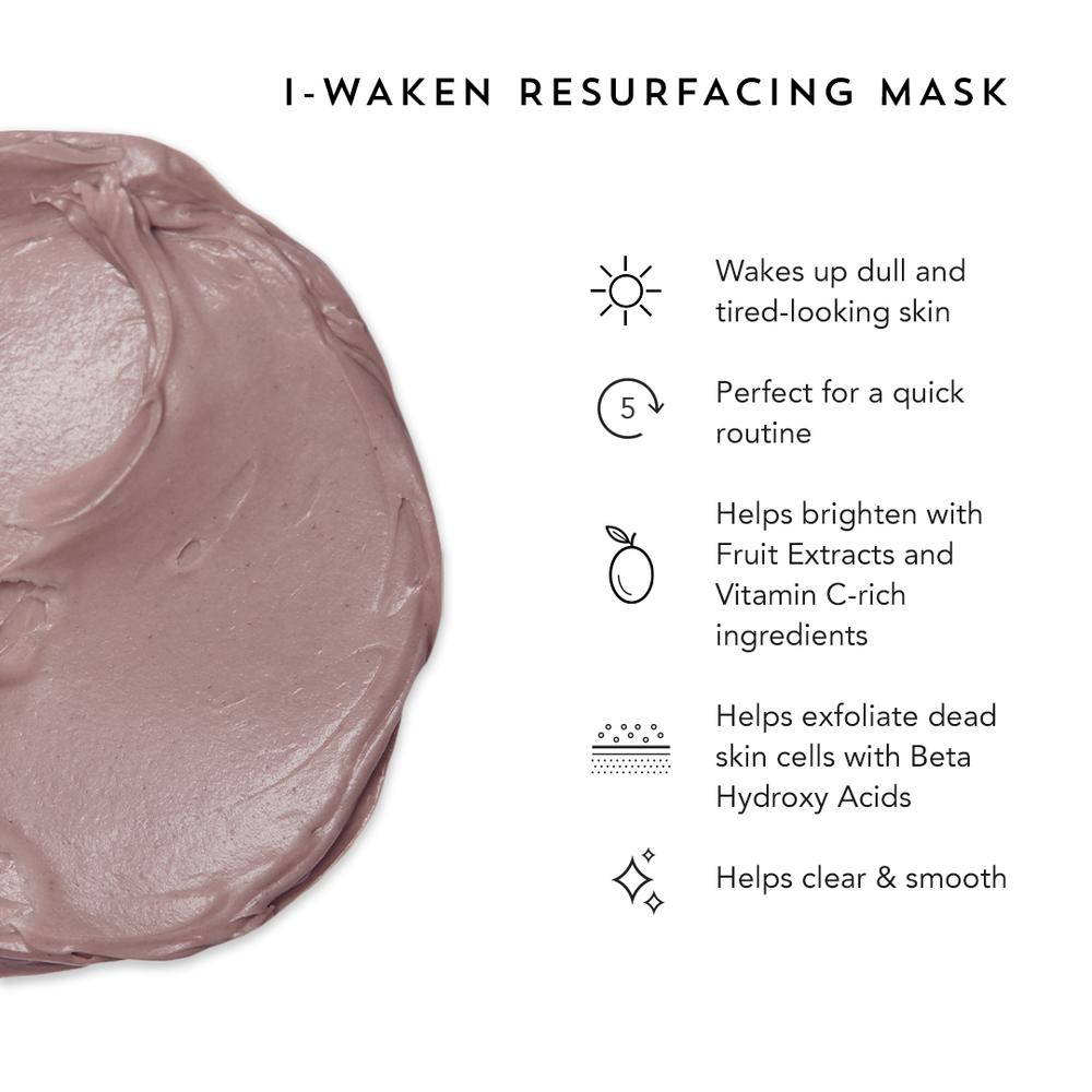 A creamy, pink i-waken resurfacing mask designed to brighten, exfoliate, and hydrate the skin, featuring fruit extracts and beta hydroxy acids.