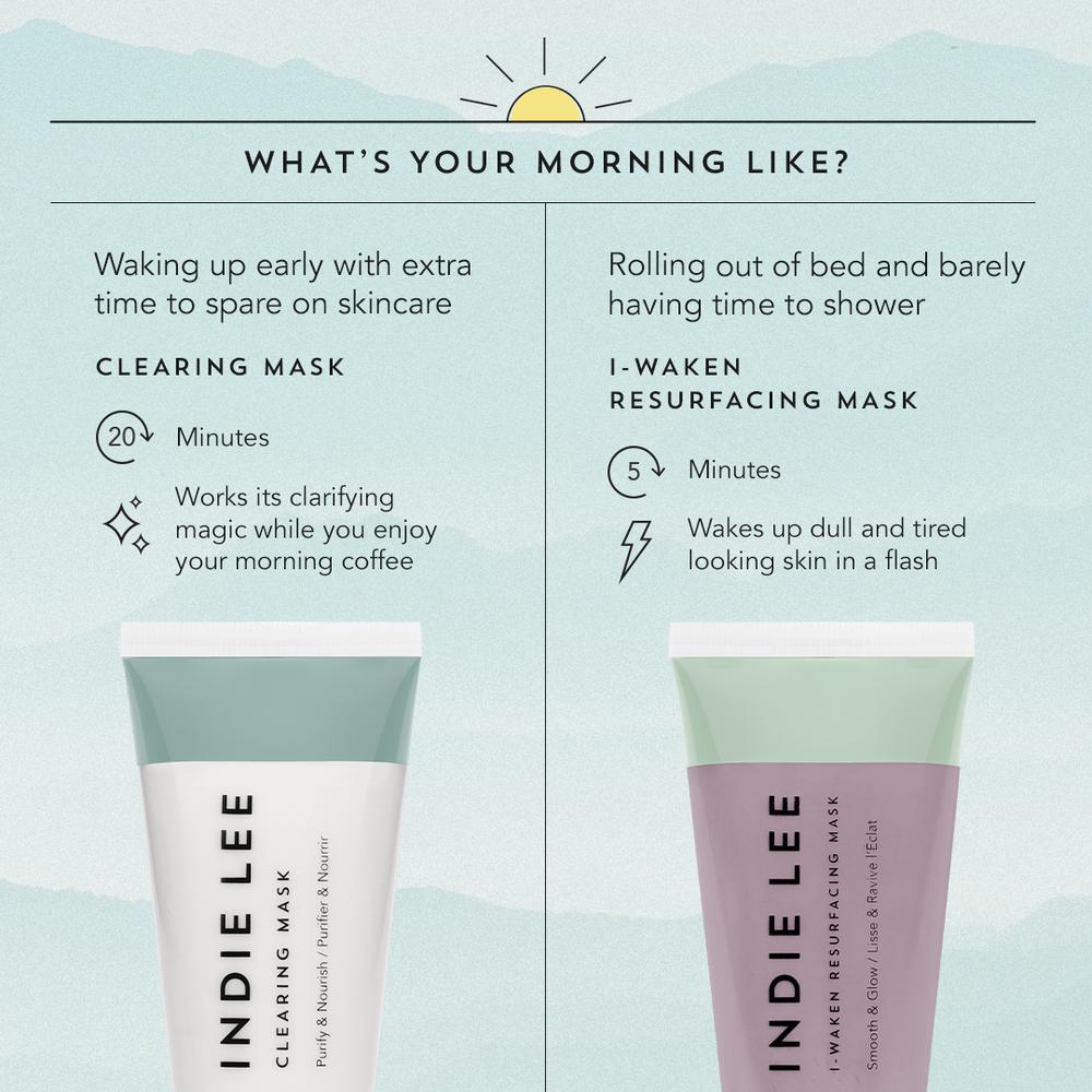 Comparison of two indie lee facial masks based on morning routines, with the left featuring a clarifying mask for those with extra time and the right promoting a resurfacing mask for a quick skin refresh.
