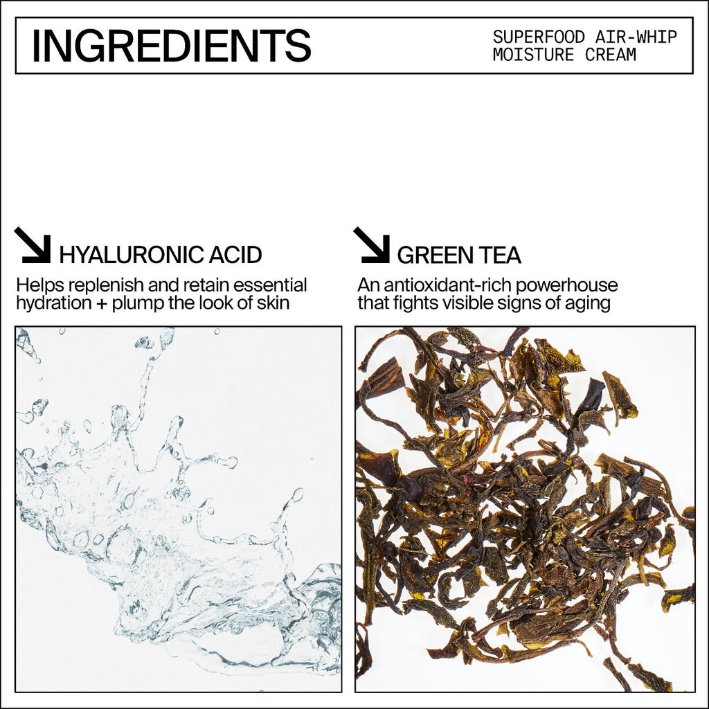 Image comparing two skincare ingredients: on the left, "hyaluronic acid," which hydrates and plumps skin, depicted with a splash of water. on the right, "superfood air.