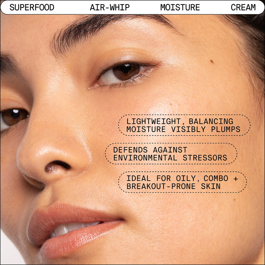 Close-up image of a woman's face highlighting features of a skincare cream, focusing on lightweight moisture and suitability for oily and breakout-prone skin.