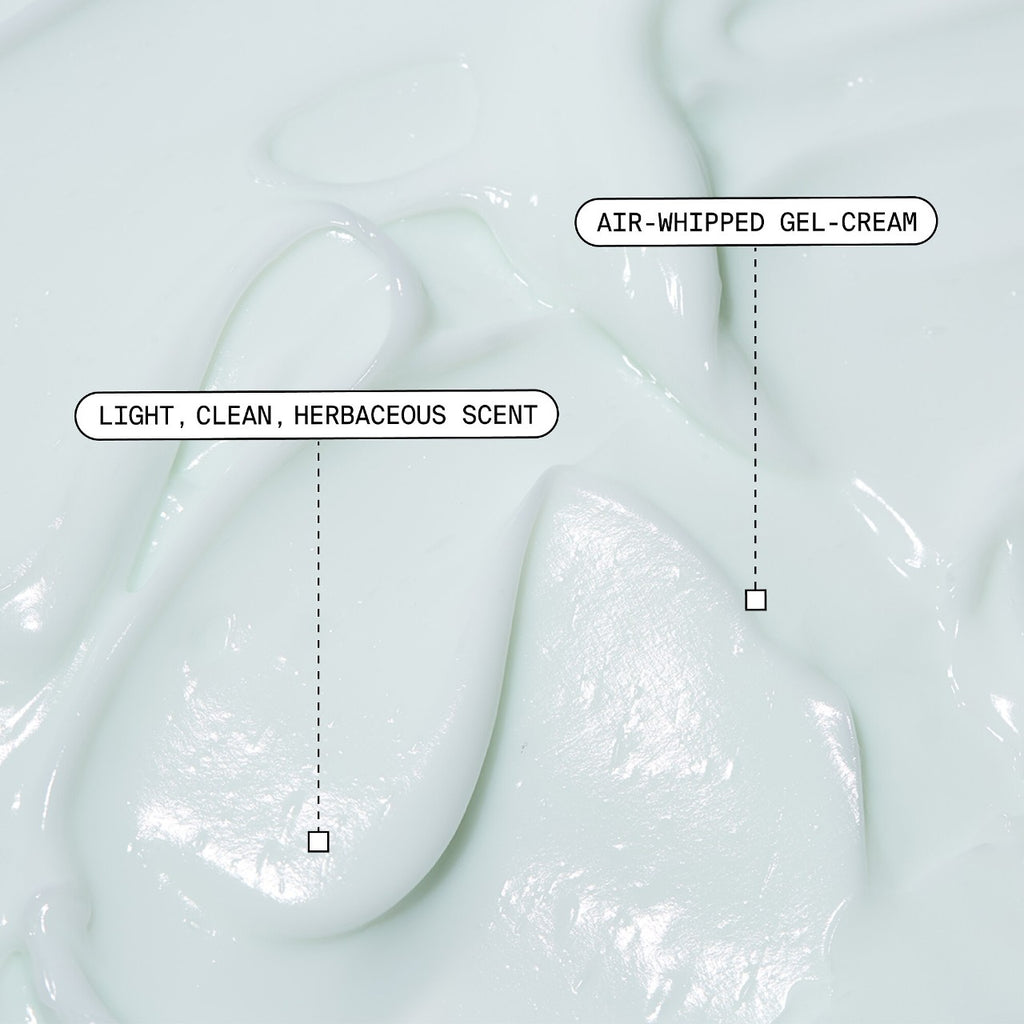 Close-up of a textured air-whipped gel-cream with annotations highlighting its light, clean, herbaceous scent.