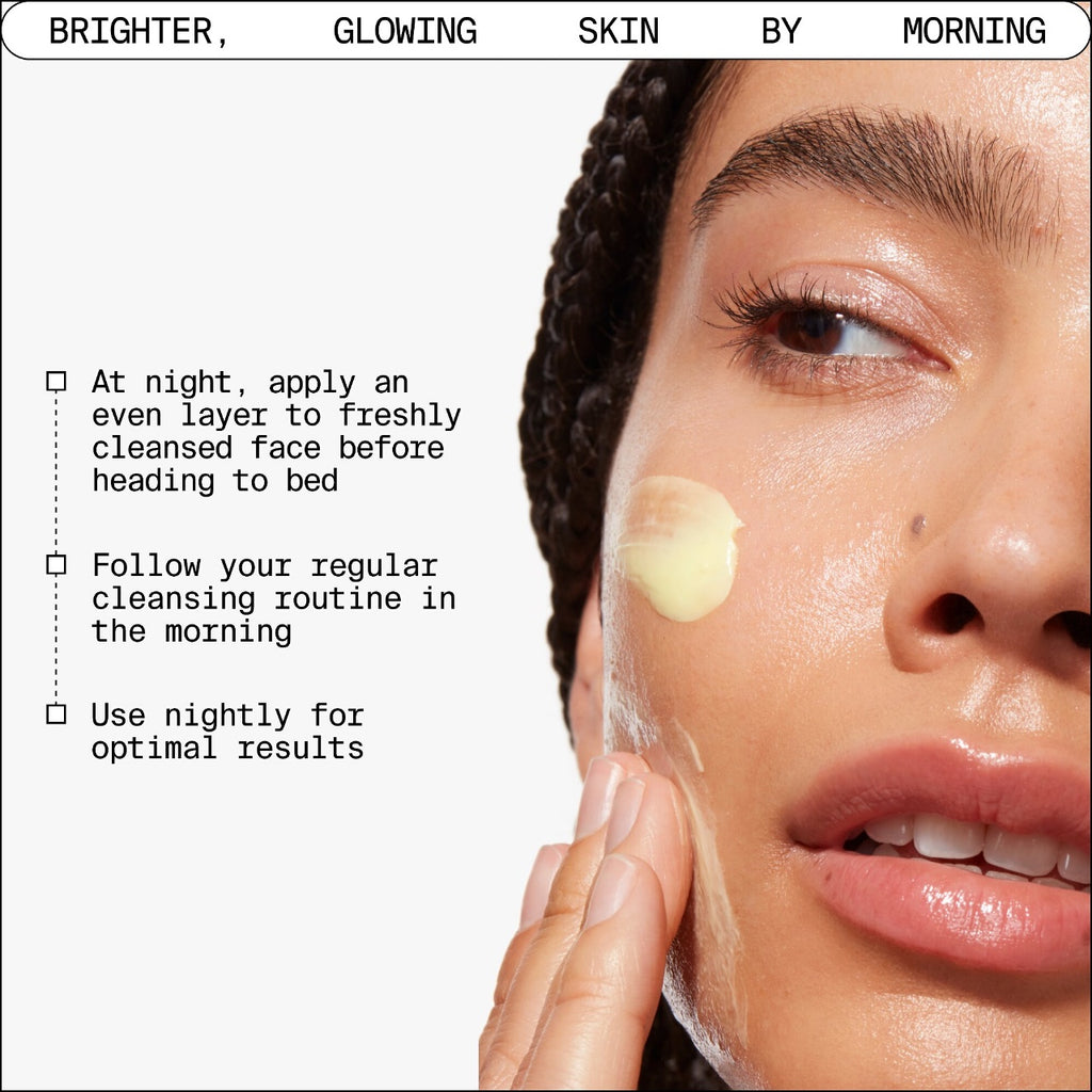 Close-up of a woman applying a skincare product to her cheek, with text overlay about achieving brighter, glowing skin.