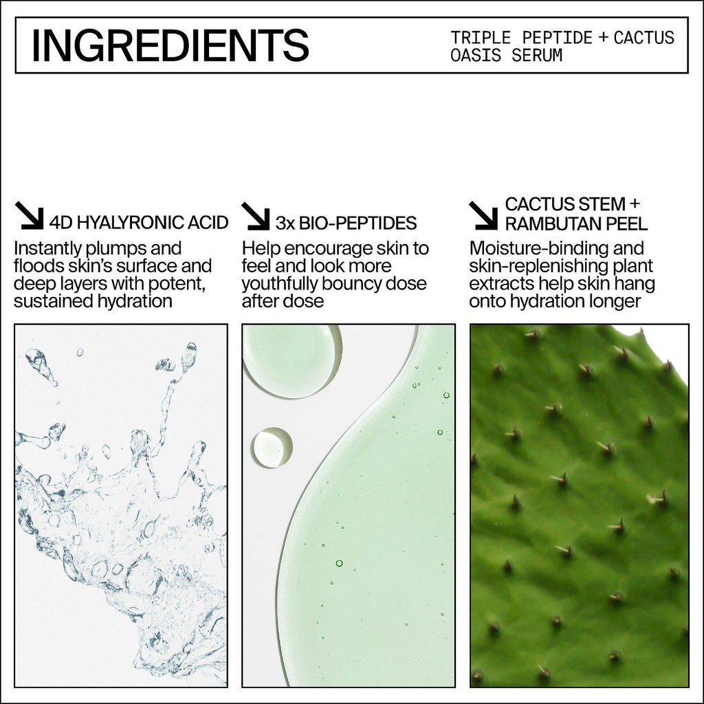 Graphic panel detailing the key ingredients of a skincare product, highlighting 4d hyaluronic acid, bio-peptides, and cactus stem, with corresponding visual elements for each component.