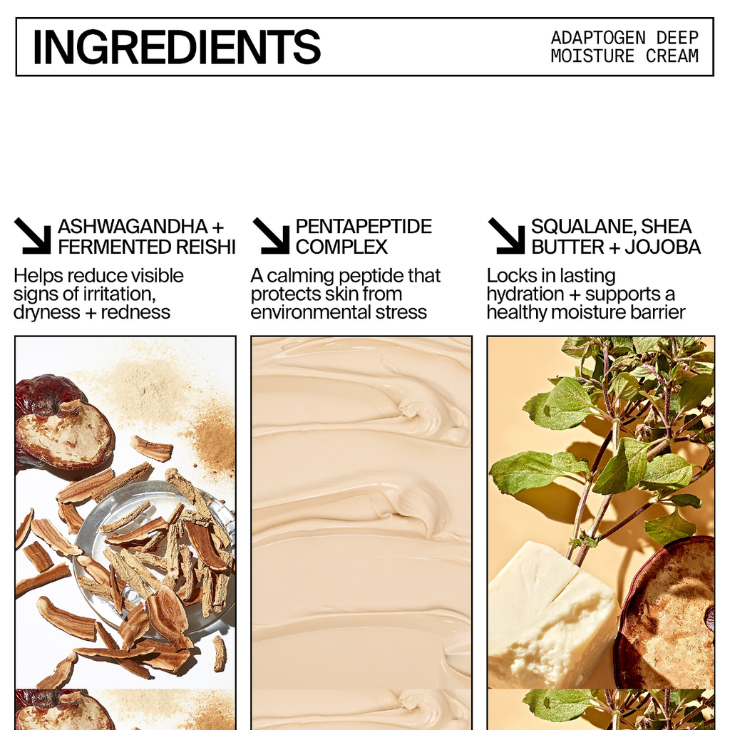 Product ingredients infographic highlighting the benefits of ashwagandha, pentapeptide complex, and squalane with shea butter and jojoba for skin health.
