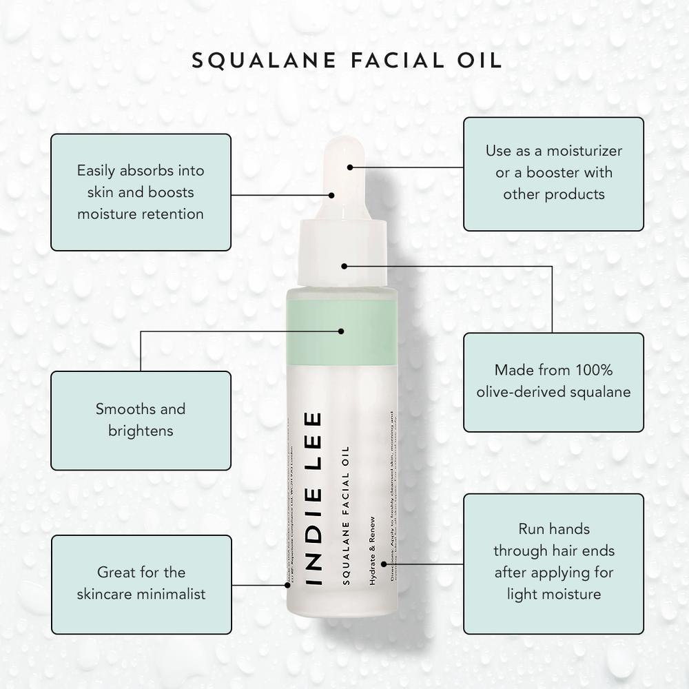 A bottle of indie lee squalane facial oil with key benefits highlighted: moisture retention, smooths and brightens skin, can be mixed with other products, and made from 100% olive.