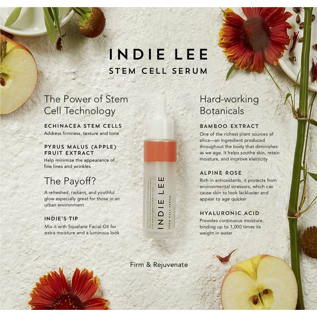 Cosmetic serum product presentation with natural ingredient highlights and brand name "indie lee," surrounded by botanical elements.