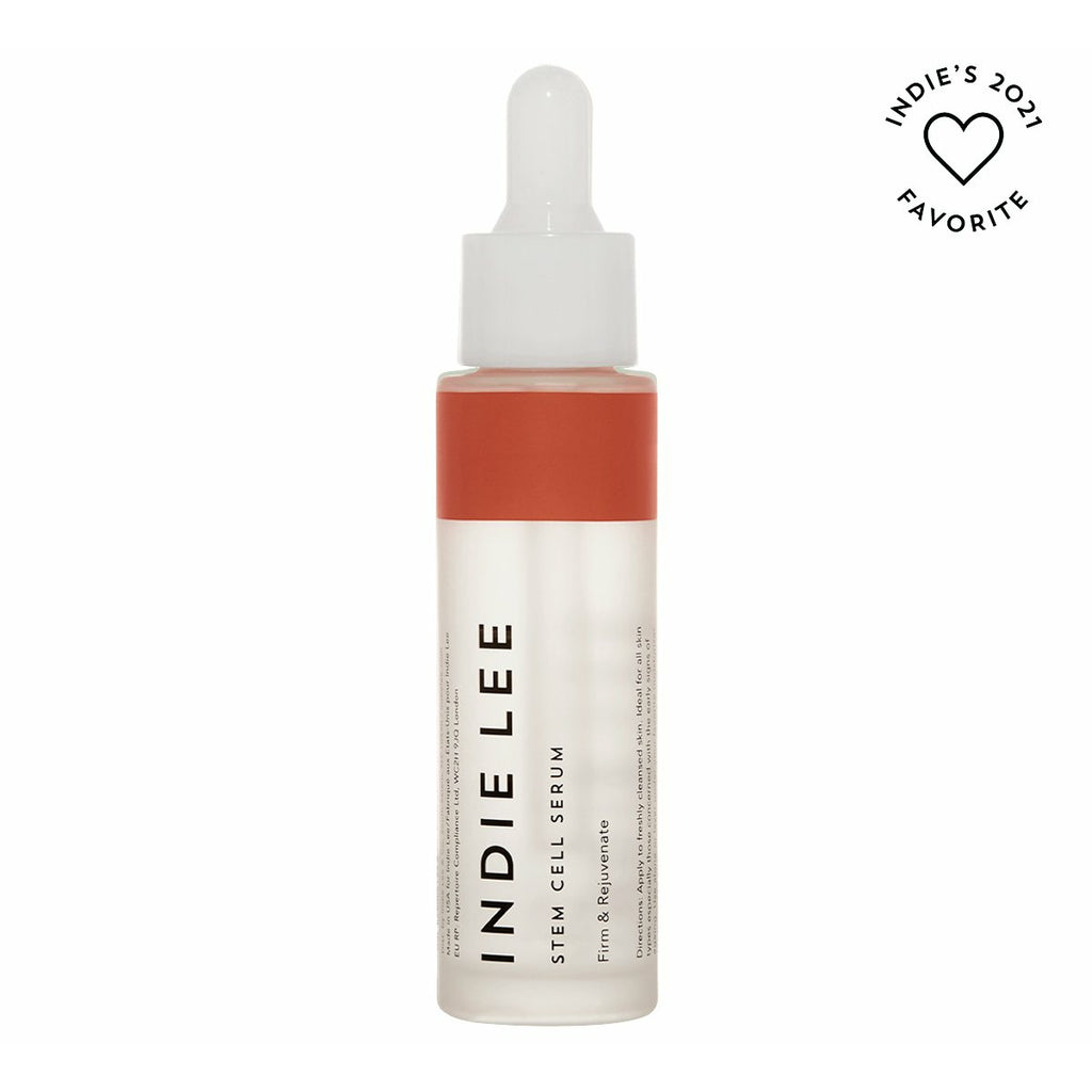 A bottle of indie lee stem cell serum against a white background.