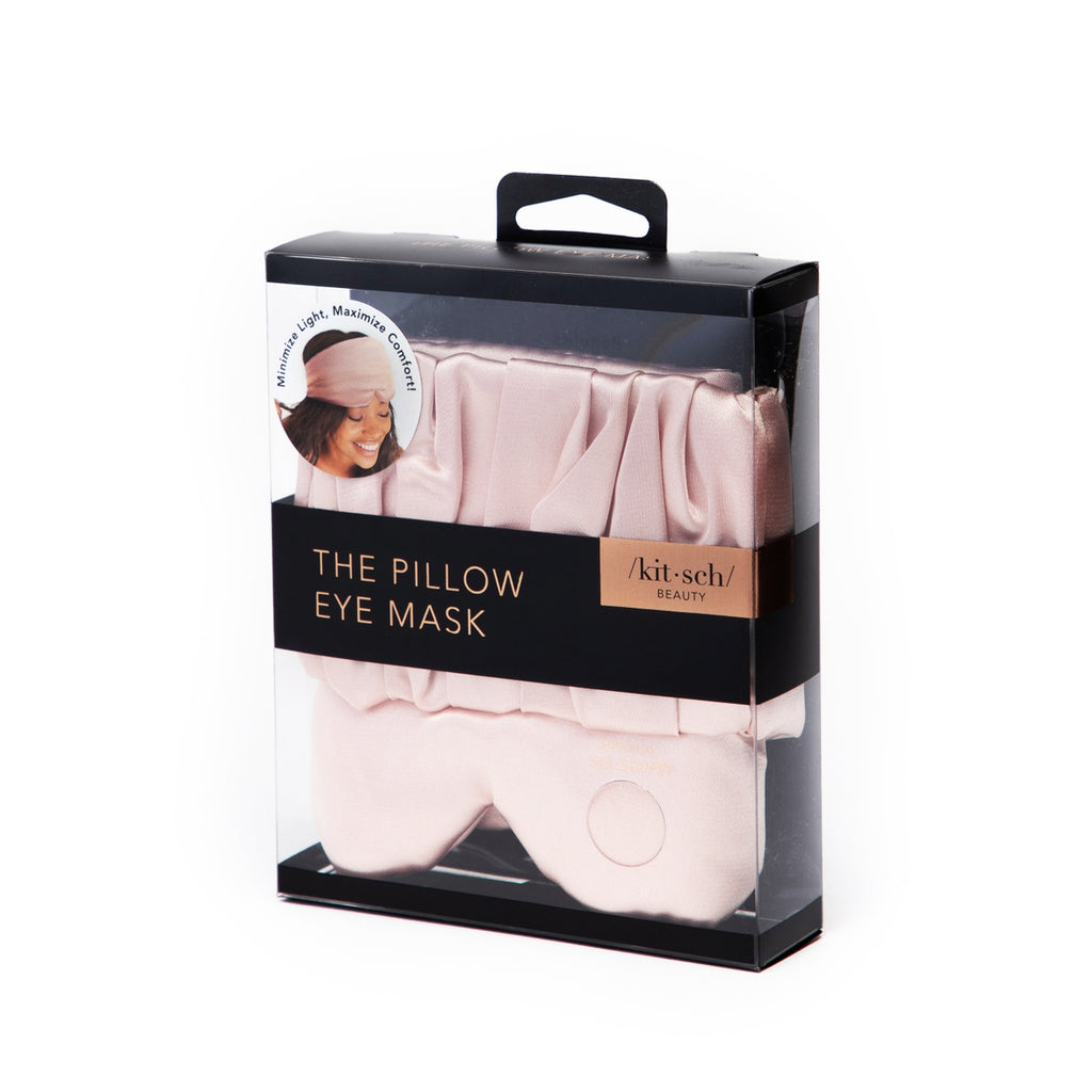 A packaged pink pillow eye mask from kitsch beauty on a white background.