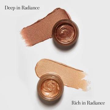 Two shades of cream eyeshadow with swatches above each jar, labeled "deep in radiance" and "rich in radiance".