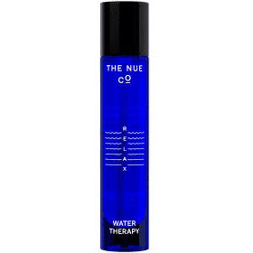 Blue bottle of "the nue co" water therapy cosmetic product.