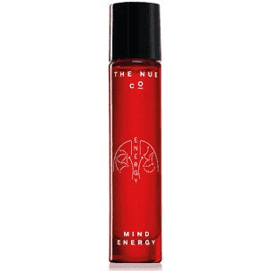 Red bottle of "the nue co. mind energy" perfume.