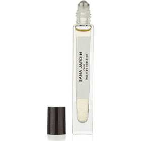 A transparent perfume roller bottle with a black cap and labeled "savard eau de parfum.