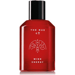 A red bottle of "the nue co." fragrance labeled "mind energy.