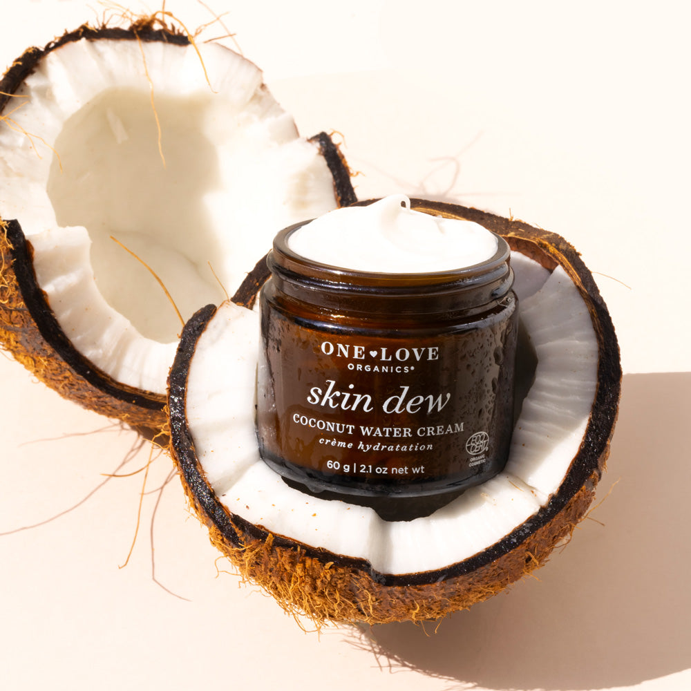 Coconut water cream product presented inside a halved coconut against a neutral background.