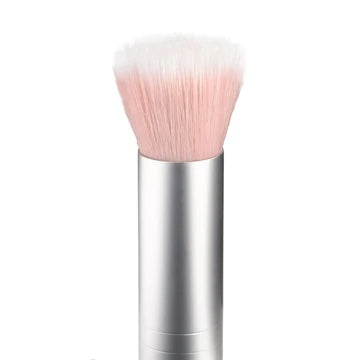 Makeup brush with silver handle and pink bristles against a white background.