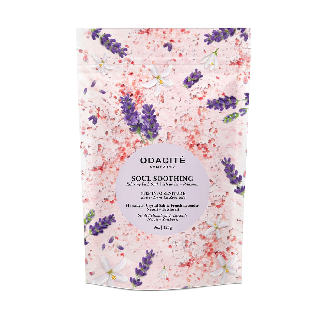 A package of odacite "soul soothing" stress relief bath salts with himalayan crystals and french lavender.