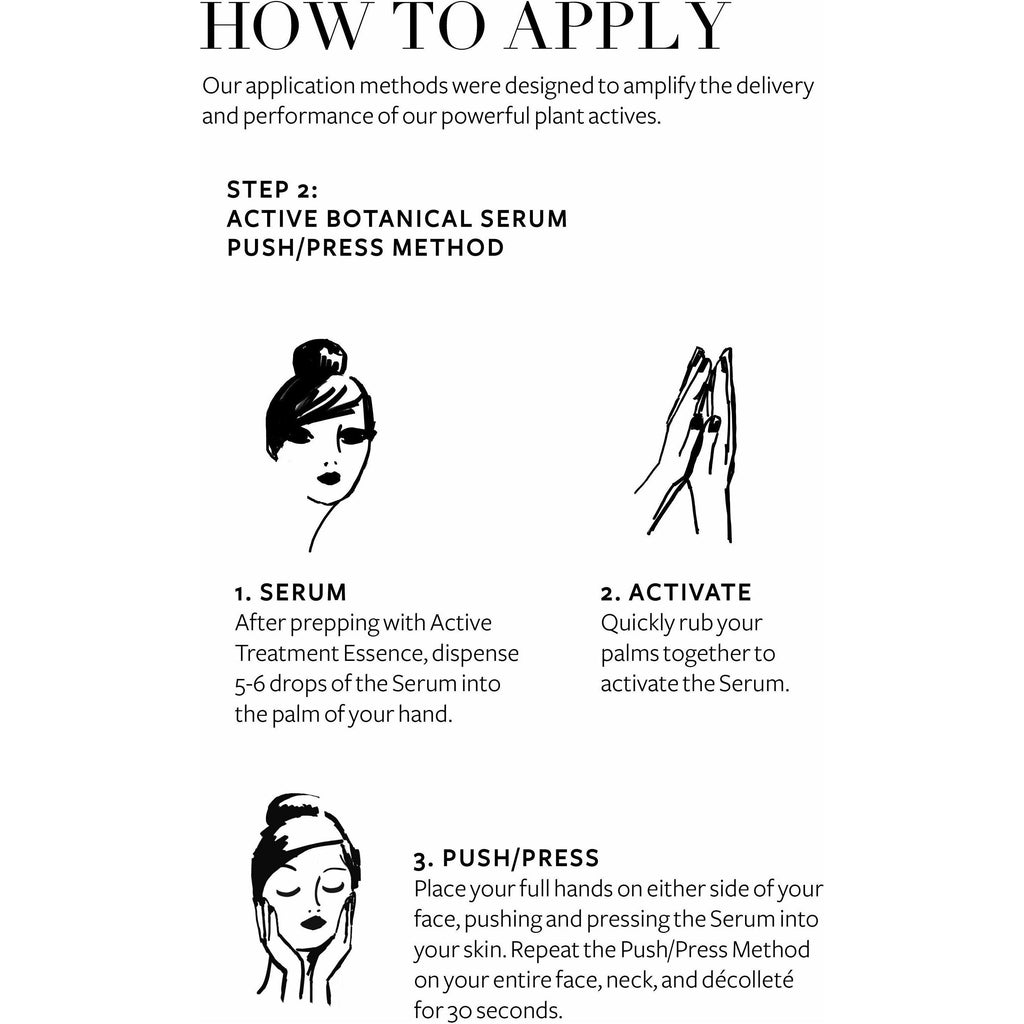 Instructions for applying a serum with a push/press method for enhanced skin absorption.