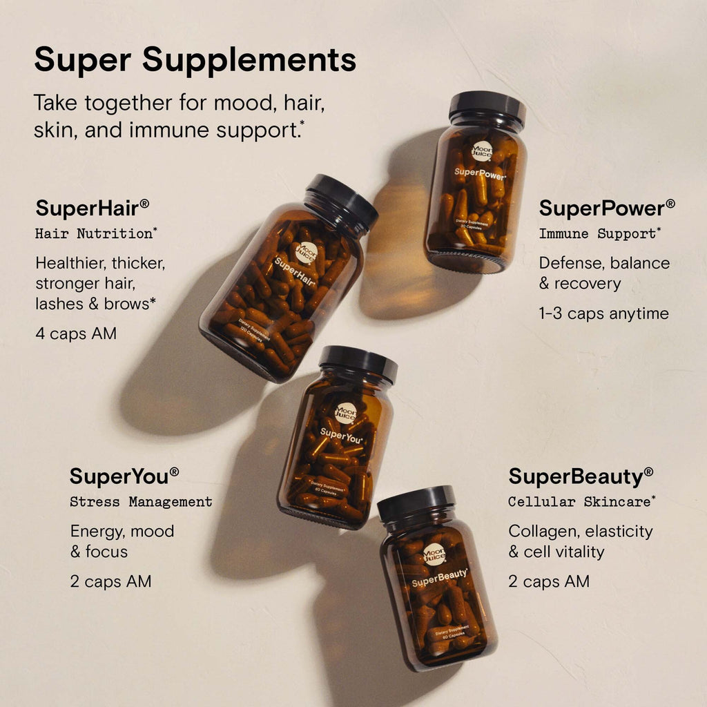 Assorted nutritional supplement bottles labeled for mood, hair, immunity, stress, and skin support.