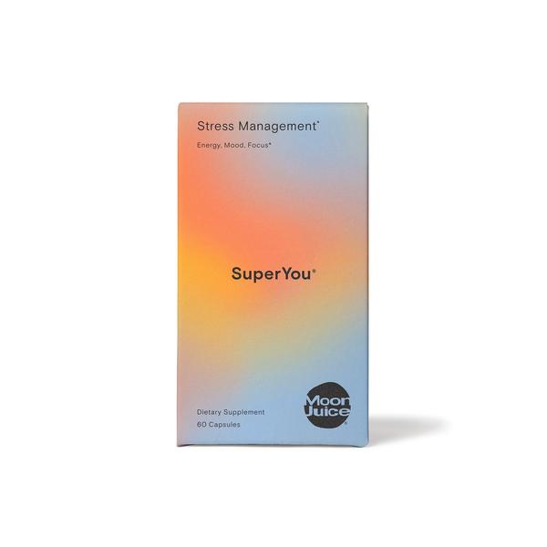 A box of "superyou" dietary supplement by moon juice, advertised for stress management, energy, mood, and focus, containing 60 capsules.