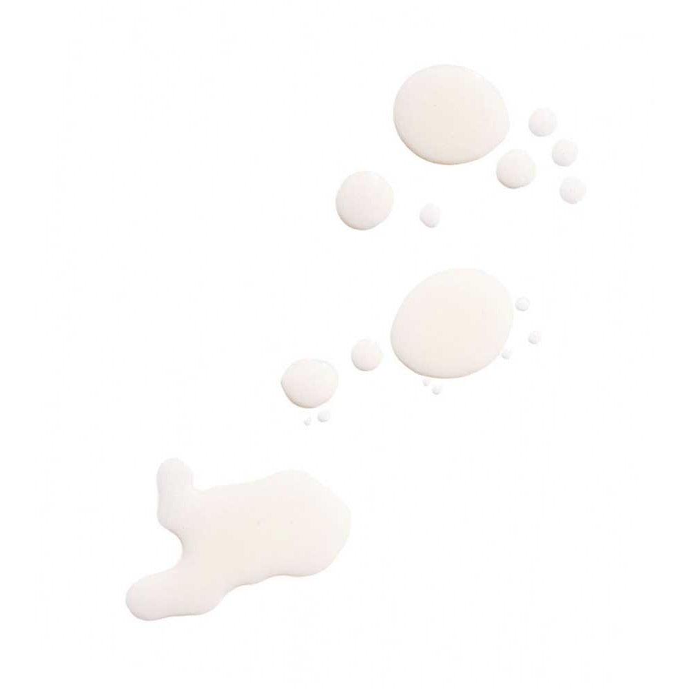 Various sizes of white liquid droplets on a white background.
