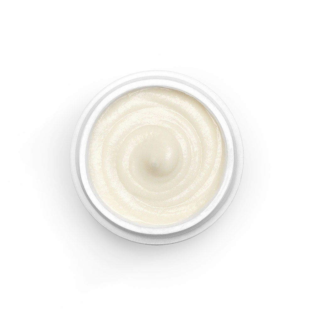 A container of plain white cream or lotion viewed from above on a white background.