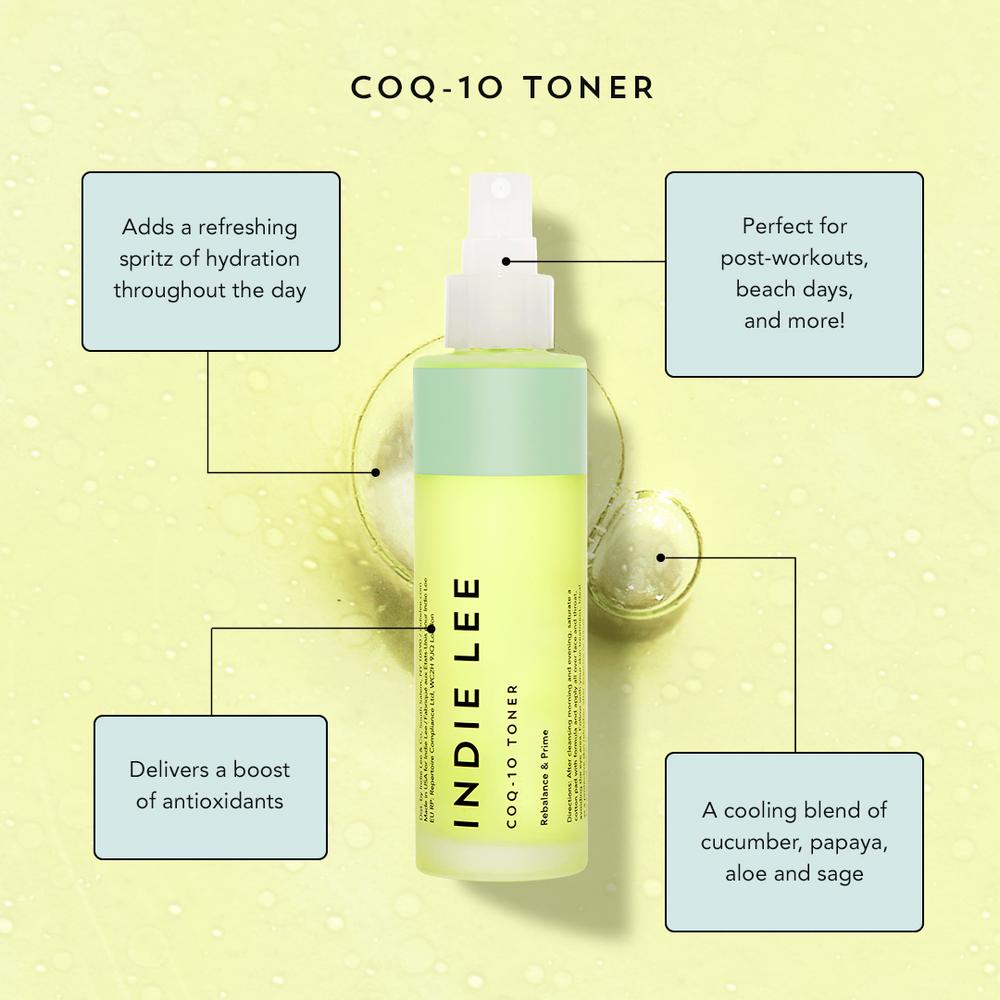 A bottle of indie lee coq-10 toner is highlighted with pointers indicating its refreshing, hydrating, and antioxidant properties, ideal for post-workout and daily use.