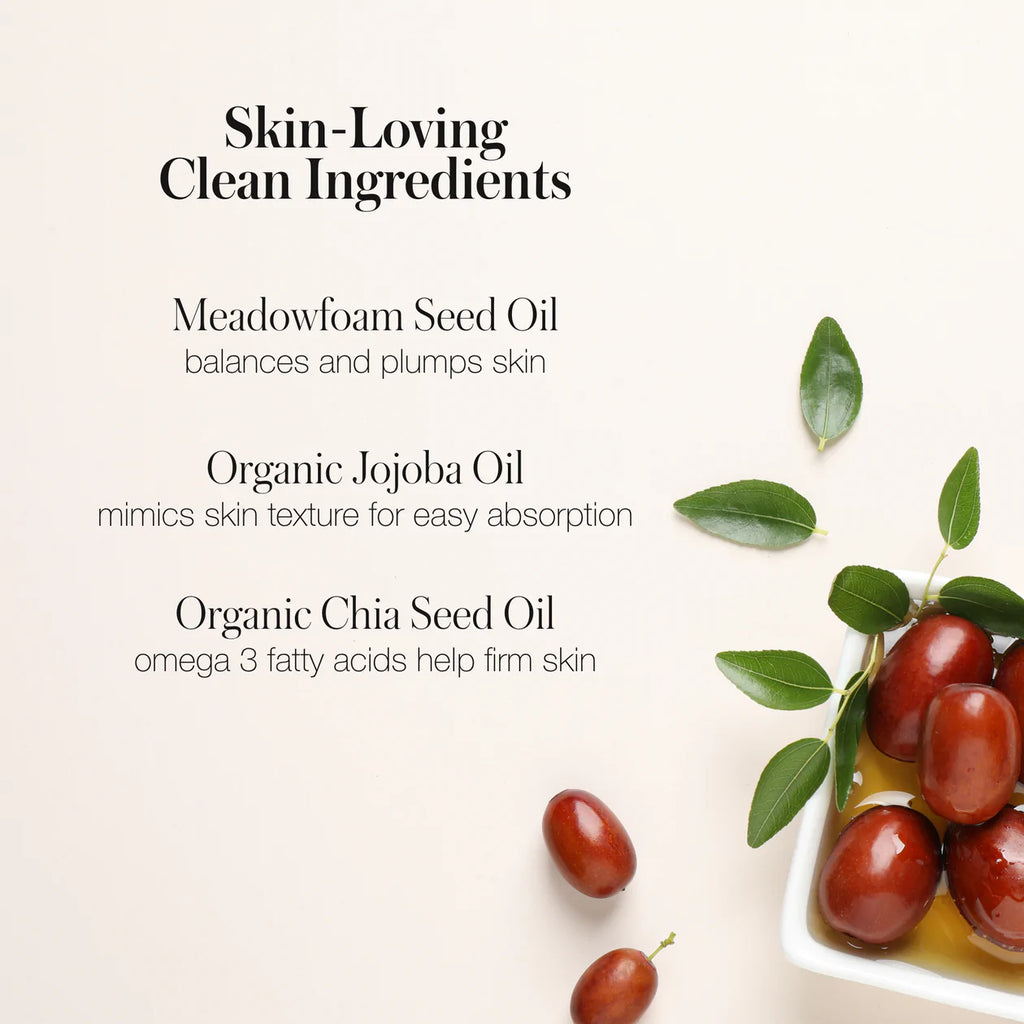 Cosmetic oils and leaves arranged around text detailing the benefits of meadowfoam seed oil, jojoba oil, and chia seed oil for skin care.