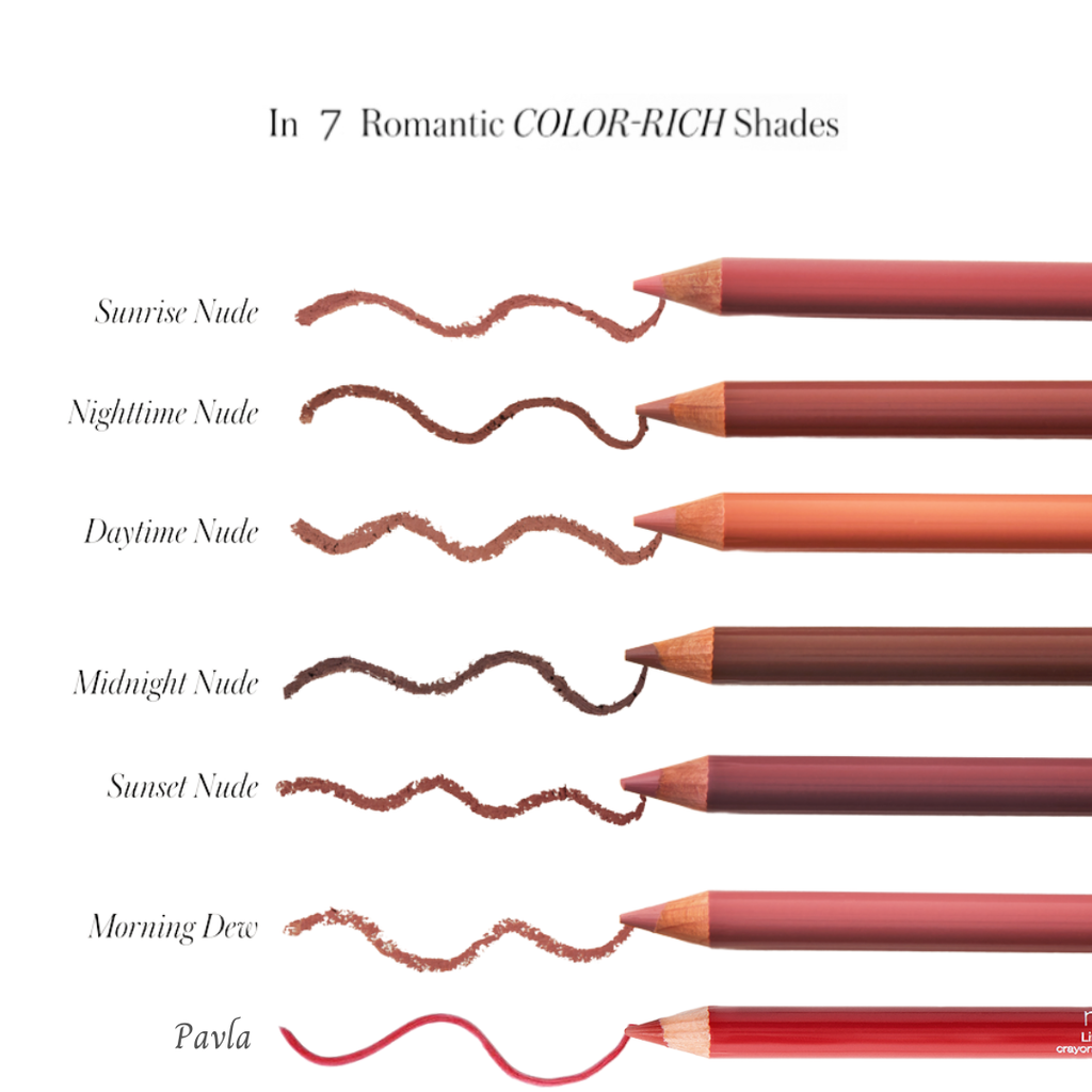 A selection of seven lip liner pencils with corresponding color swatches above each, showcasing a variety of nude shades.
