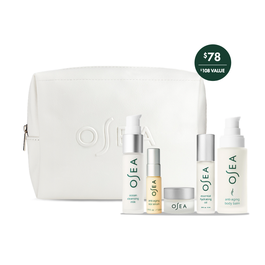 A set of skincare products with a white cosmetic bag, priced at $78 with a value of $108.