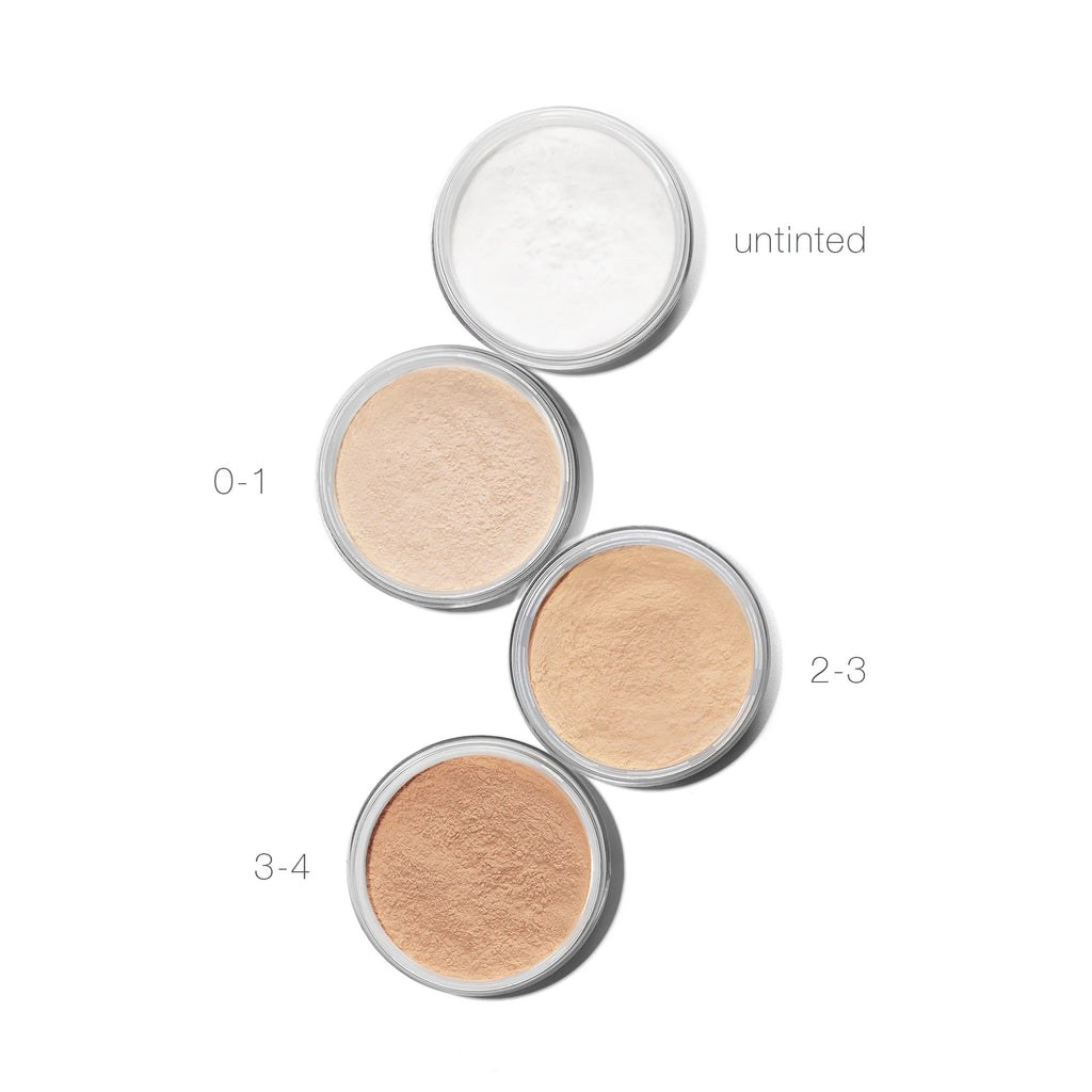 Four open cosmetic jars displaying a gradient of powder hues, labeled from "untinted" to shades "0-1," "2-3," and "3-4.