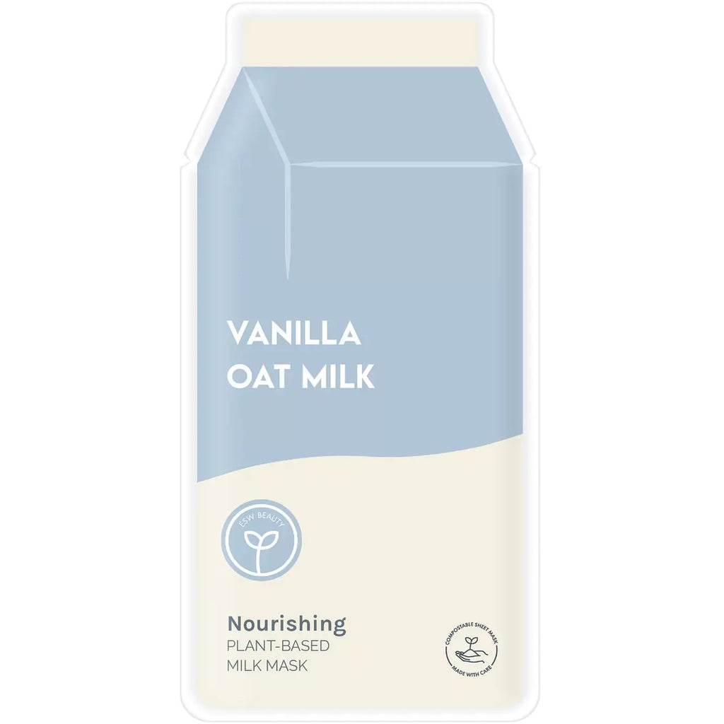 A carton design for a vanilla oat milk nourishing plant-based milk mask.