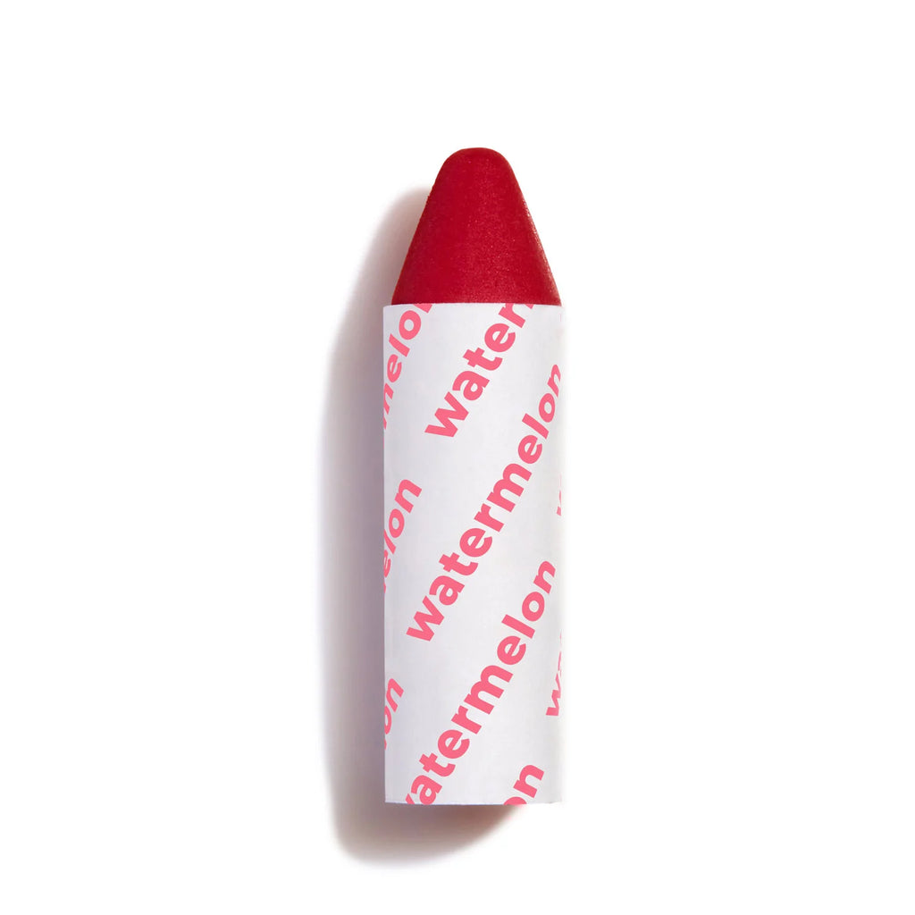 A red watermelon-flavored lip balm on a white background.