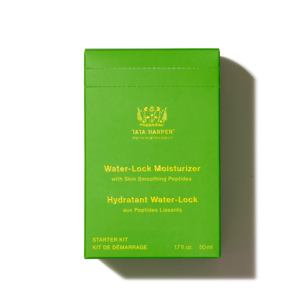Green skincare product box labeled "tata harper water-lock moisturizer with skin smoothing peptides" against a white background.