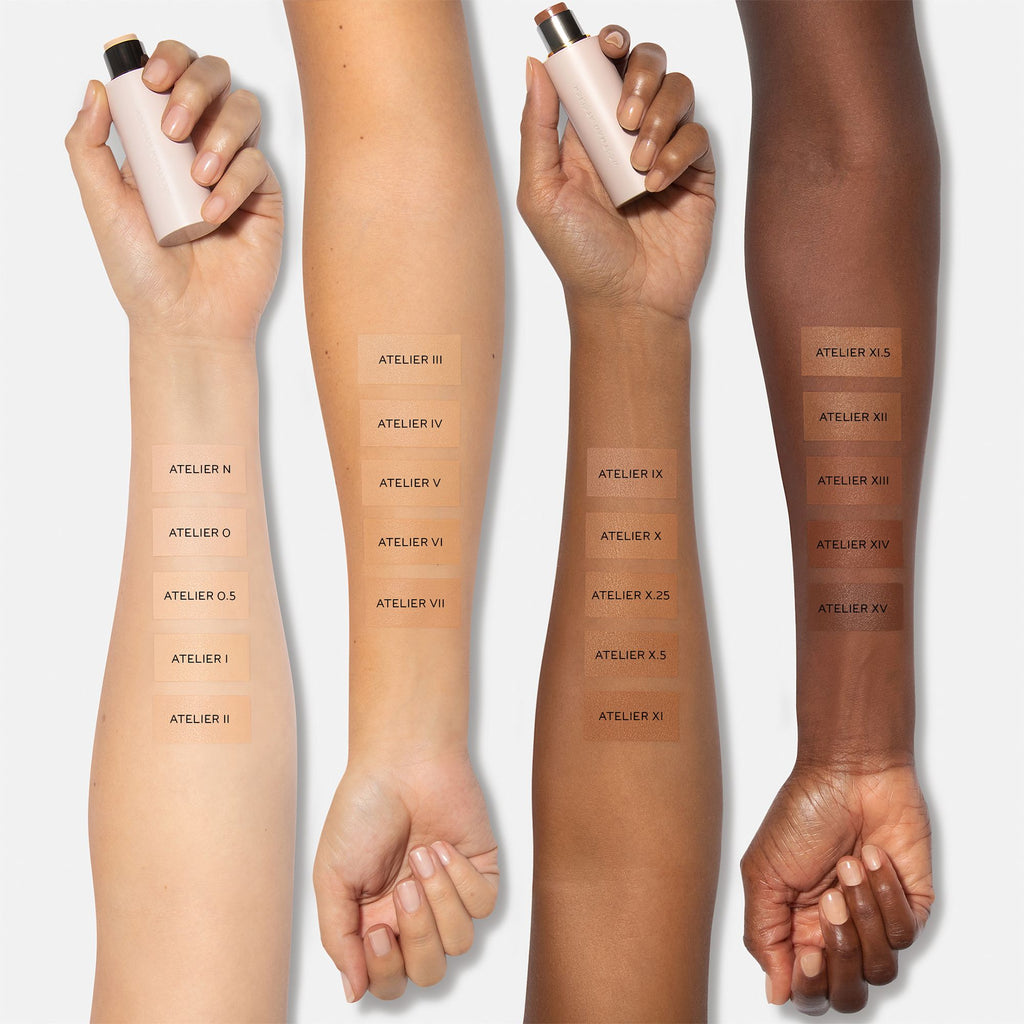 Various shades of foundation applied to different skin tones to demonstrate color matching.