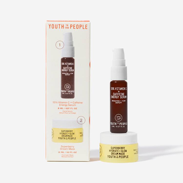 A skincare product set including a vitamin c and caffeine energy serum along with a superberry hydrate and glow oil.